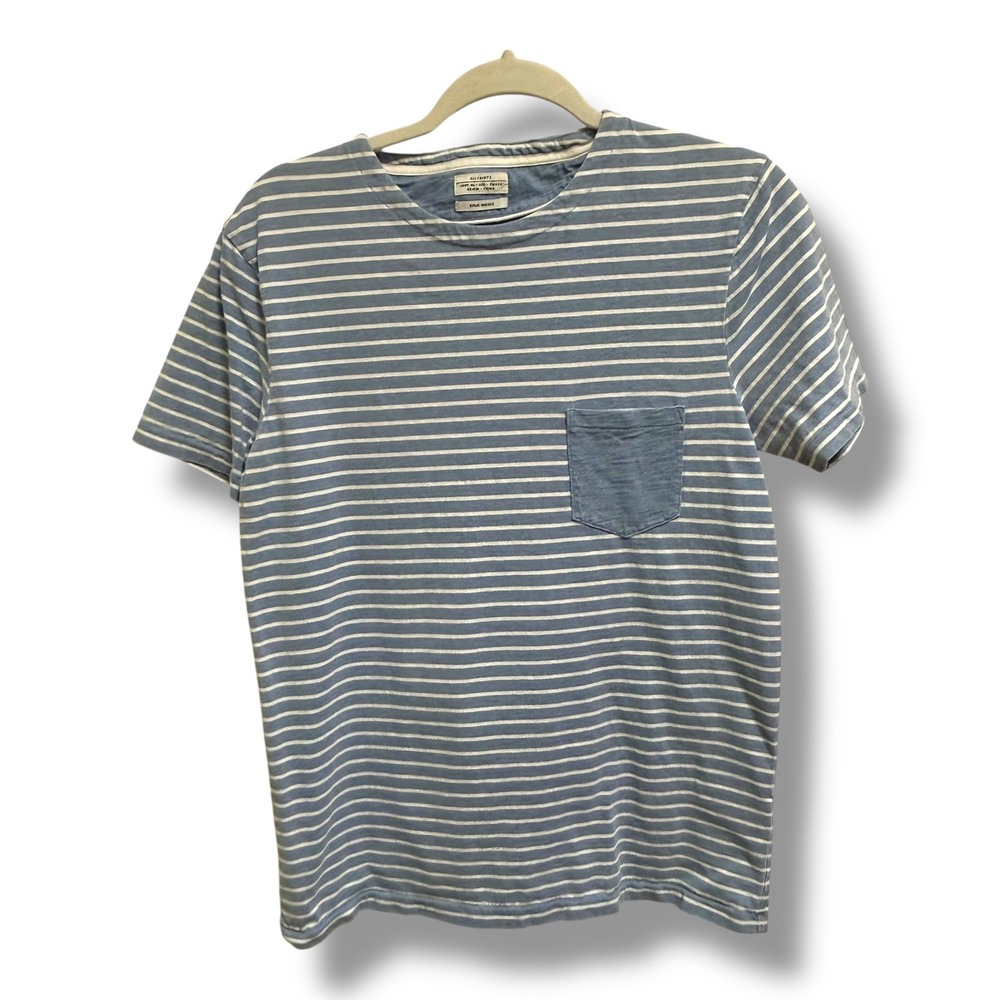 AllSaints Form Tee Mens S Blue White Stripe Indigo Cotton Pocket Shirt